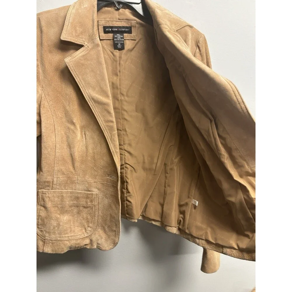 Vintage Y2K New York & Company Tan Suede Leather Blazer Jacket Size 10